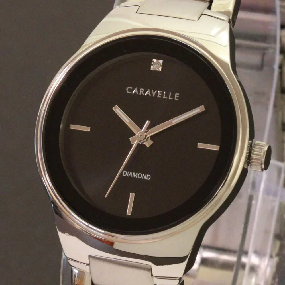Caravelle Ladies Watch By Bulova Black Dial Diamond 12:00 Stainless 30mm